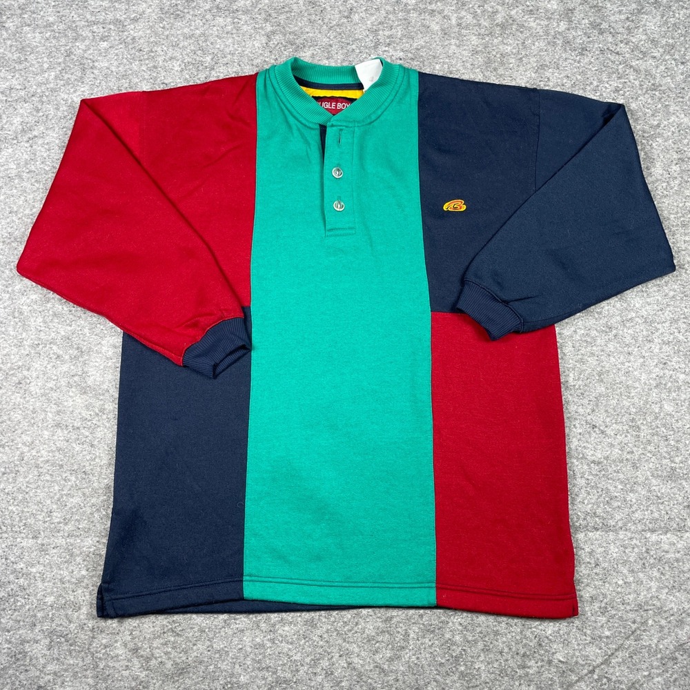 Vintage 90s Bugle Boy Sweatshirt Mens L Multicolor Colorblock Henley Pullover